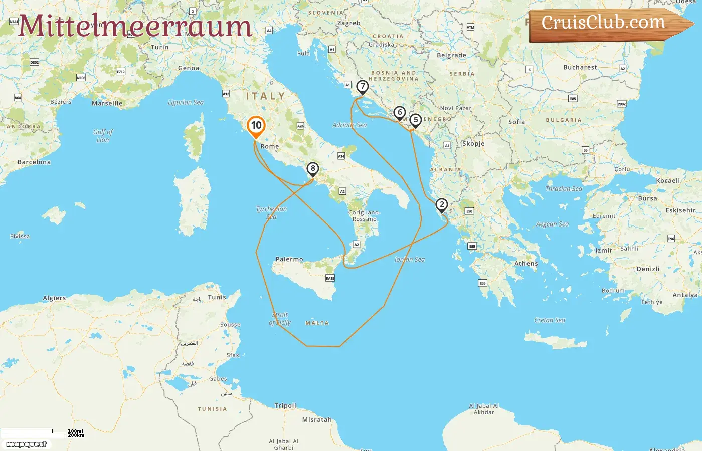 Kreuzfahrt im Mittelmeer ab Civitavecchia an Bord des Carnival Legend Schiffs mit Stopps in Italien, Griechenland, Montenegro und Kroatien für 10 Tage