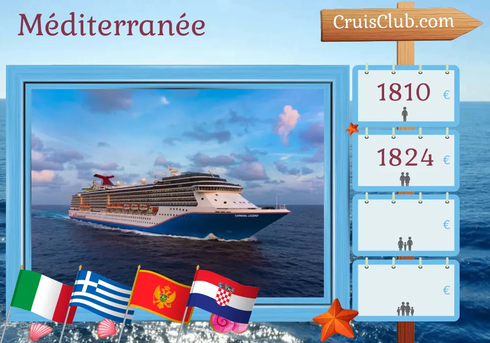 Croisière en Méditerranée au départ de Civitavecchia à bord du navire Carnival Legend avec des visites en Italie, en Grèce, au Monténégro et en Croatie pendant 10 jours
