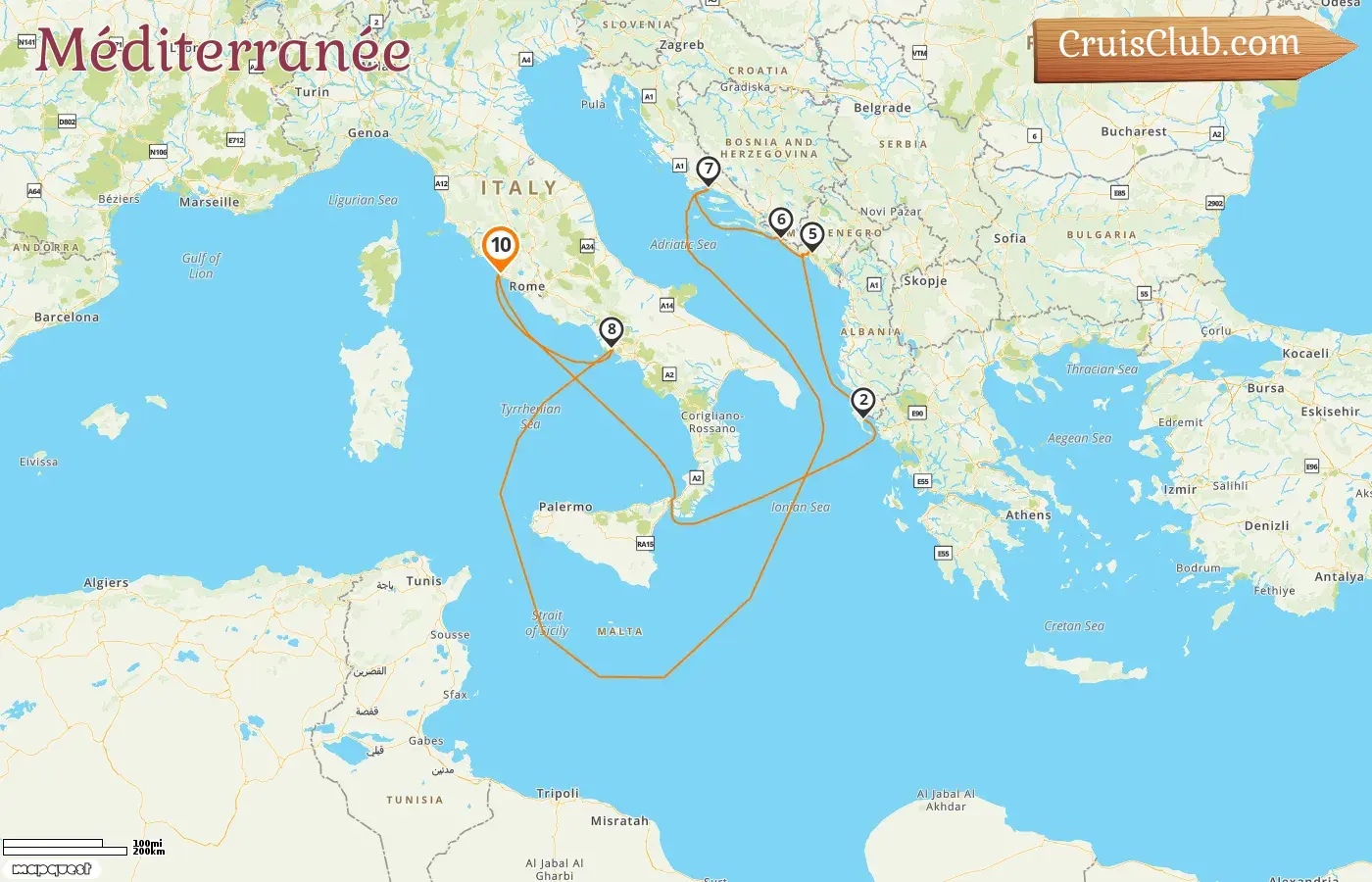 Croisière en Méditerranée au départ de Civitavecchia à bord du navire Carnival Legend avec des visites en Italie, en Grèce, au Monténégro et en Croatie pendant 10 jours