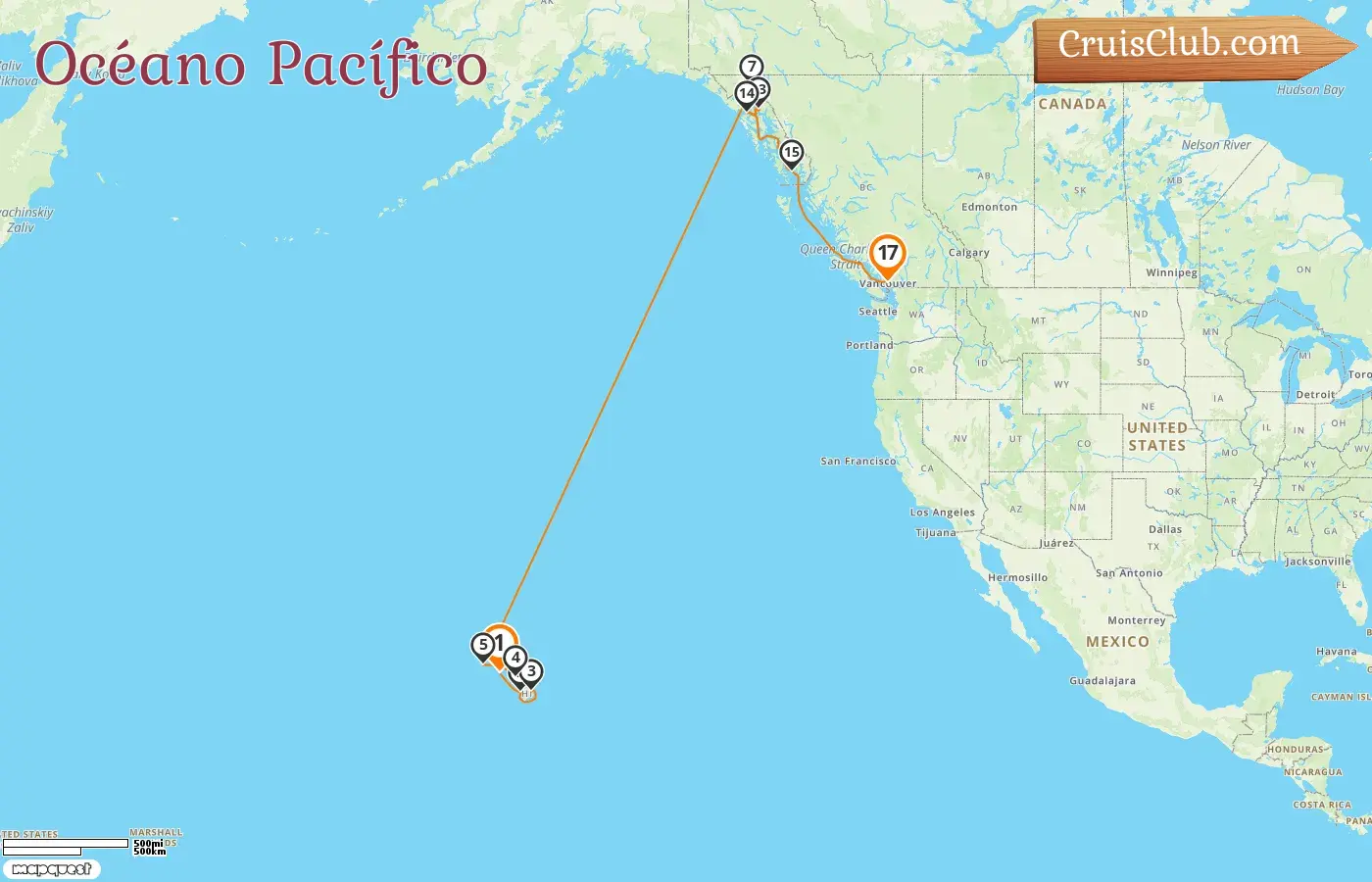 Crucero por el océano Pacífico desde Honolulu hasta Vancouver a bordo del barco Norwegian Spirit con visitas a EE. UU. y Canadá durante 17 días
