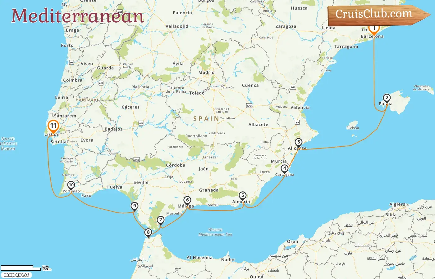 Cruise in the Mediterranean from Barcelona to Lisbon aboard Oceania Nautica ship with visits to Spain, Gibraltar, Morocco, and Portugal for 11 days