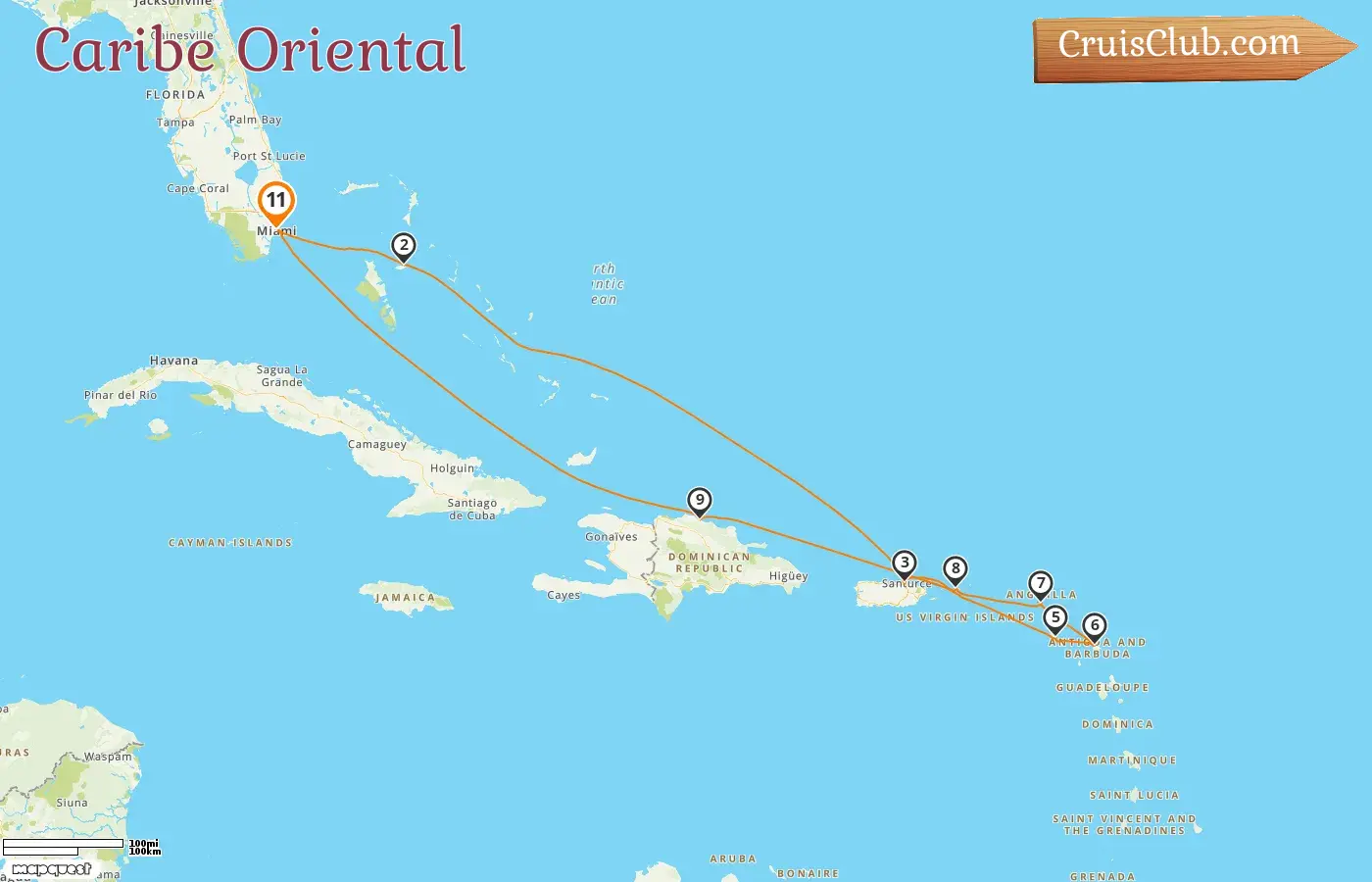 Cruzeiro no Caribe Oriental a partir de Miami a bordo do navio Oceania Marina com visitas aos Estados Unidos, Bahamas, Porto Rico e República Dominicana por 11 dias