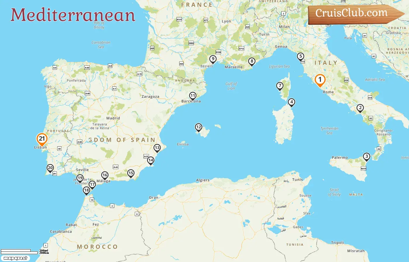 Cruise in the Mediterranean from Civitavecchia to Lisbon aboard Oceania Nautica ship with visits to Italy, France, Spain, Gibraltar, Morocco, and Portugal for 21 days