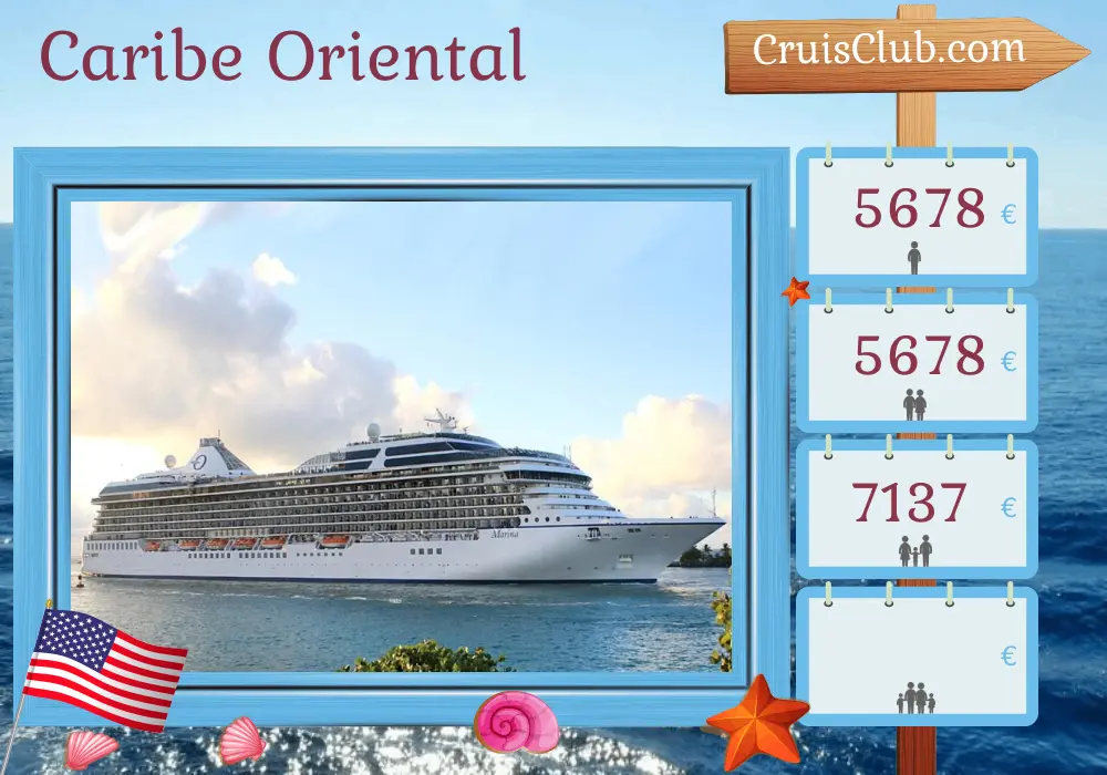 Cruzeiro no Caribe Oriental a partir de Miami a bordo do navio Oceania Marina com visitas aos EUA, República Dominicana, Porto Rico e São Bartolomeu por 11 dias