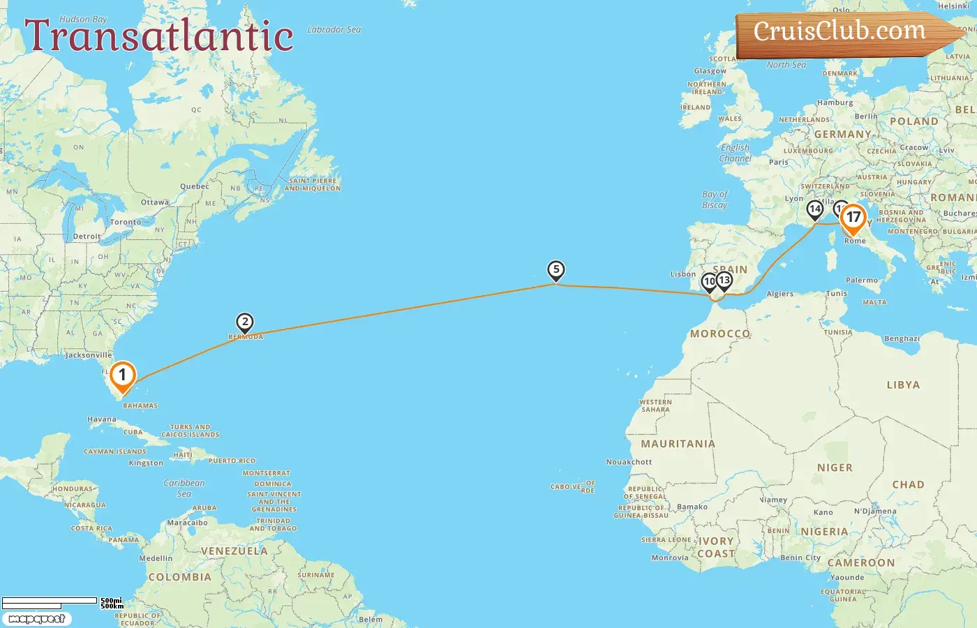 Cruise in the Transatlantic from Miami to Civitavecchia aboard Oceania Marina ship with visits to USA, Bermuda, Portugal, Spain, France, and Italy for 17 days