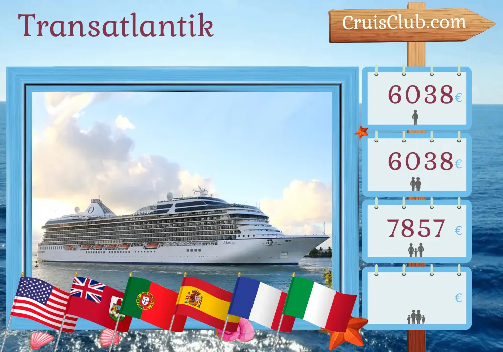 Kreuzfahrt von Miami nach Civitavecchia über den Atlantik an Bord des Schiffes Oceania Marina mit Stopps in den USA, Bermuda, Portugal, Spanien, Frankreich und Italien für 17 Tage
