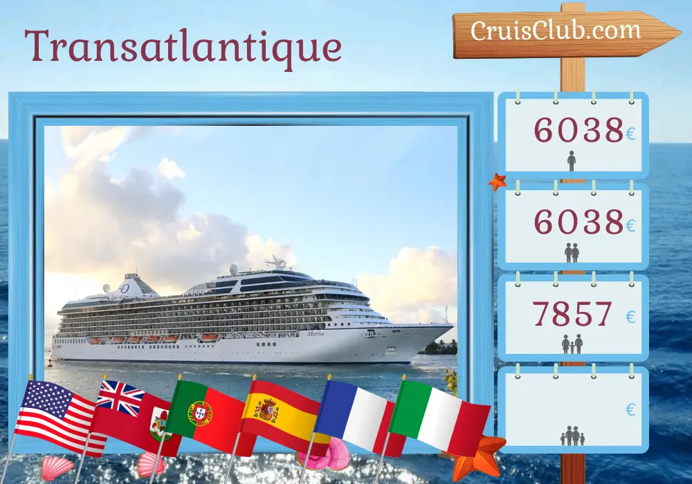 Croisière en transatlantique de Miami à Civitavecchia à bord du navire Oceania Marina avec des escales aux USA, aux Bermudes, au Portugal, en Espagne, en France et en Italie pendant 17 jours