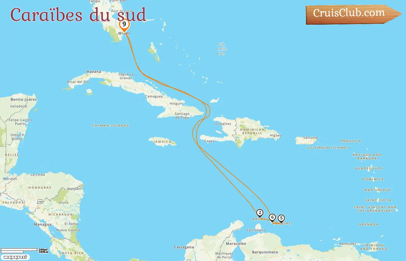 Croisière dans les Caraïbes du Sud au départ de Miami à bord du navire Carnival Firenze avec des escales aux États-Unis, à Aruba et à Curaçao pendant 9 jours