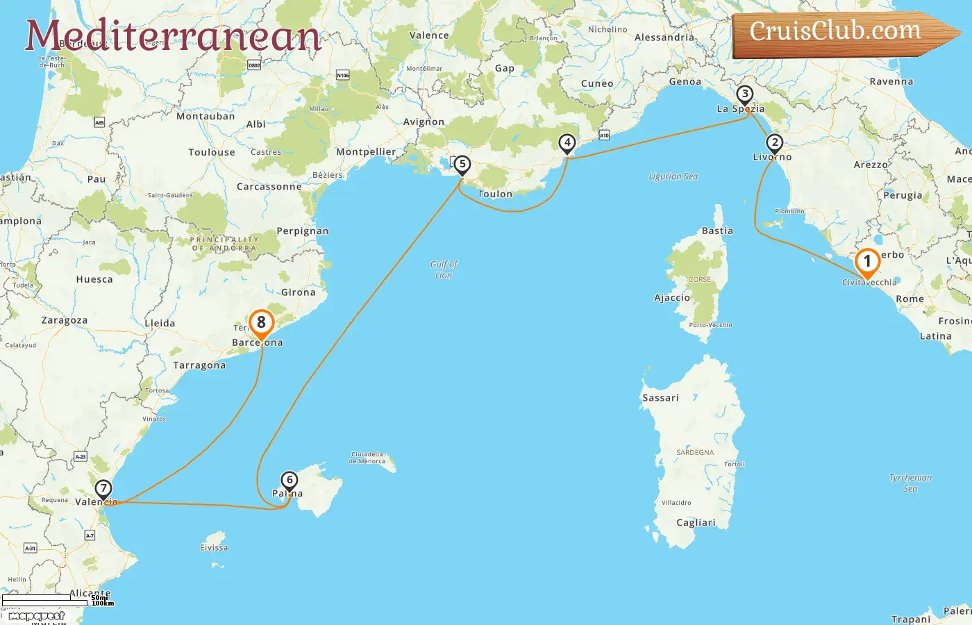 Cruise in the Mediterranean from Civitavecchia to Barcelona aboard Oceania Allura ship with visits to Italy, France, and Spain for 8 days