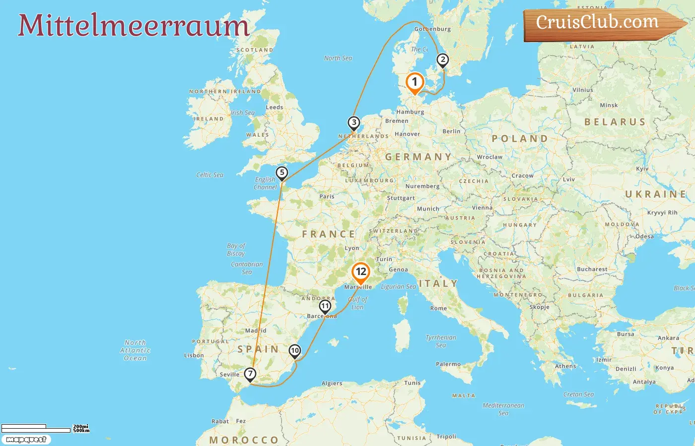Kreuzfahrt im Mittelmeer von Kiel nach Marseille an Bord des MSC-Schiffs Euribia mit Stopps in Dänemark, den Niederlanden, Frankreich und Spanien für 12 Tage
