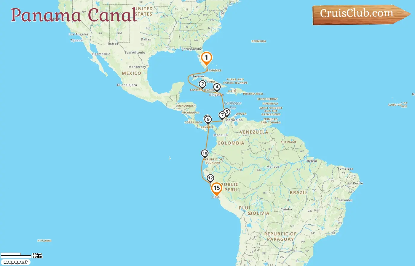 Cruise in the Panama Canal from Miami to Callao aboard Oceania Sirena ship with visits to USA, Cayman Islands, Jamaica, Colombia, Panama, Ecuador, and Peru for 15 days
