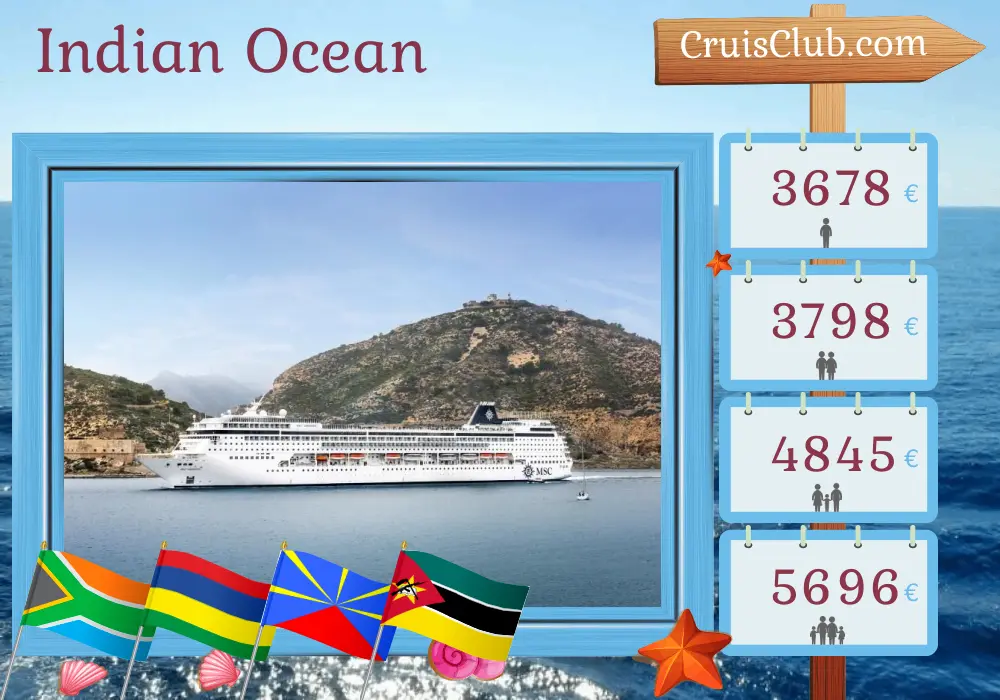 Cruise in the Indian Ocean from Durban aboard MSC Armonia ship with visits to South Africa, Mauritius, Réunion, and Mozambique for 13 days