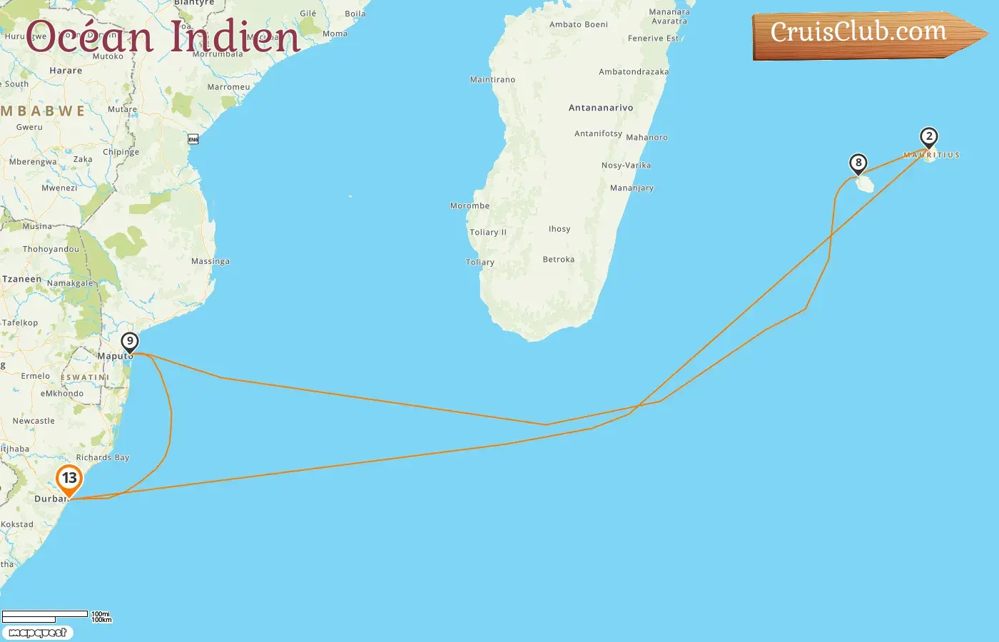Croisière dans l`océan Indien au départ de Durban à bord du navire MSC Armonia avec escales en Afrique du Sud, à l`île Maurice, à La Réunion et au Mozambique pendant 13 jours
