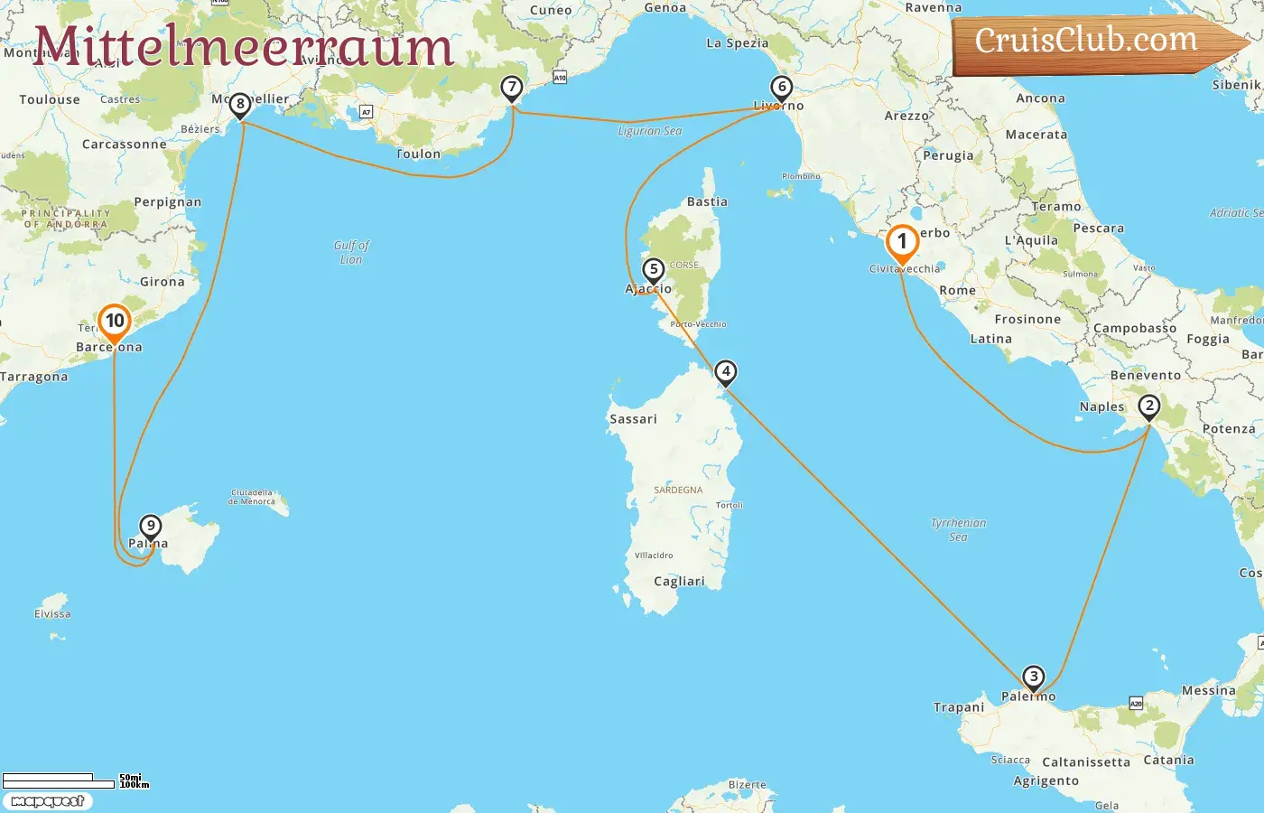 Kreuzfahrt im Mittelmeer von Civitavecchia nach Barcelona an Bord des Schiffes Oceania Allura mit Besuchen in Italien, Frankreich und Spanien für 10 Tage