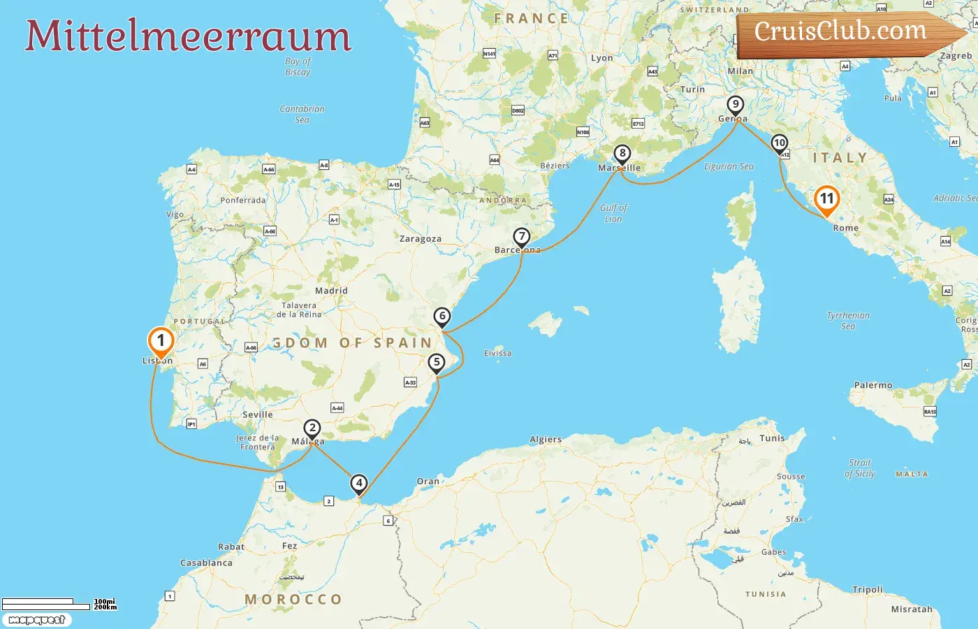 Kreuzfahrt im Mittelmeer von Lissabon nach Civitavecchia an Bord des Schiffes Oceania Allura mit Besuchen in Spanien, Frankreich und Italien für 11 Tage