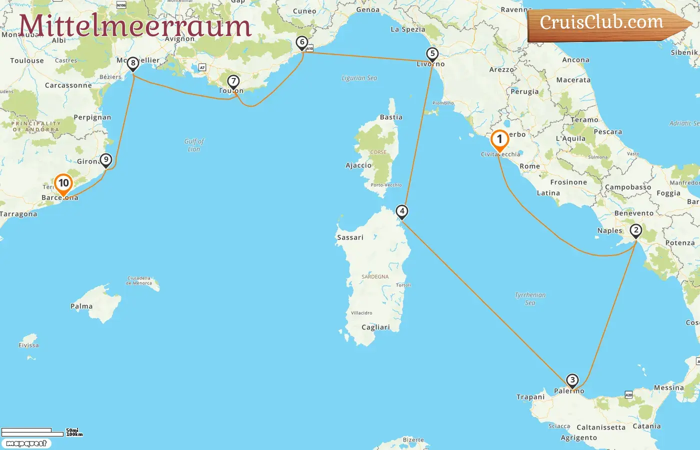 Kreuzfahrt im Mittelmeer von Civitavecchia nach Barcelona an Bord des Oceania Allura-Schiffs mit Besuchen in Italien, Monaco, Frankreich und Spanien für 10 Tage