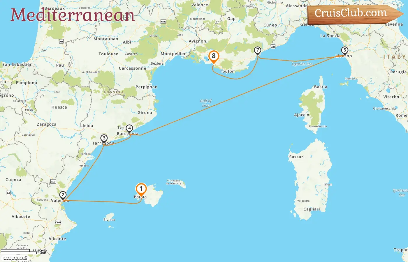 Cruise in the Mediterranean from Palma to Marseille aboard AIDAmar ship with visits to Spain, Italy, and France for 8 days