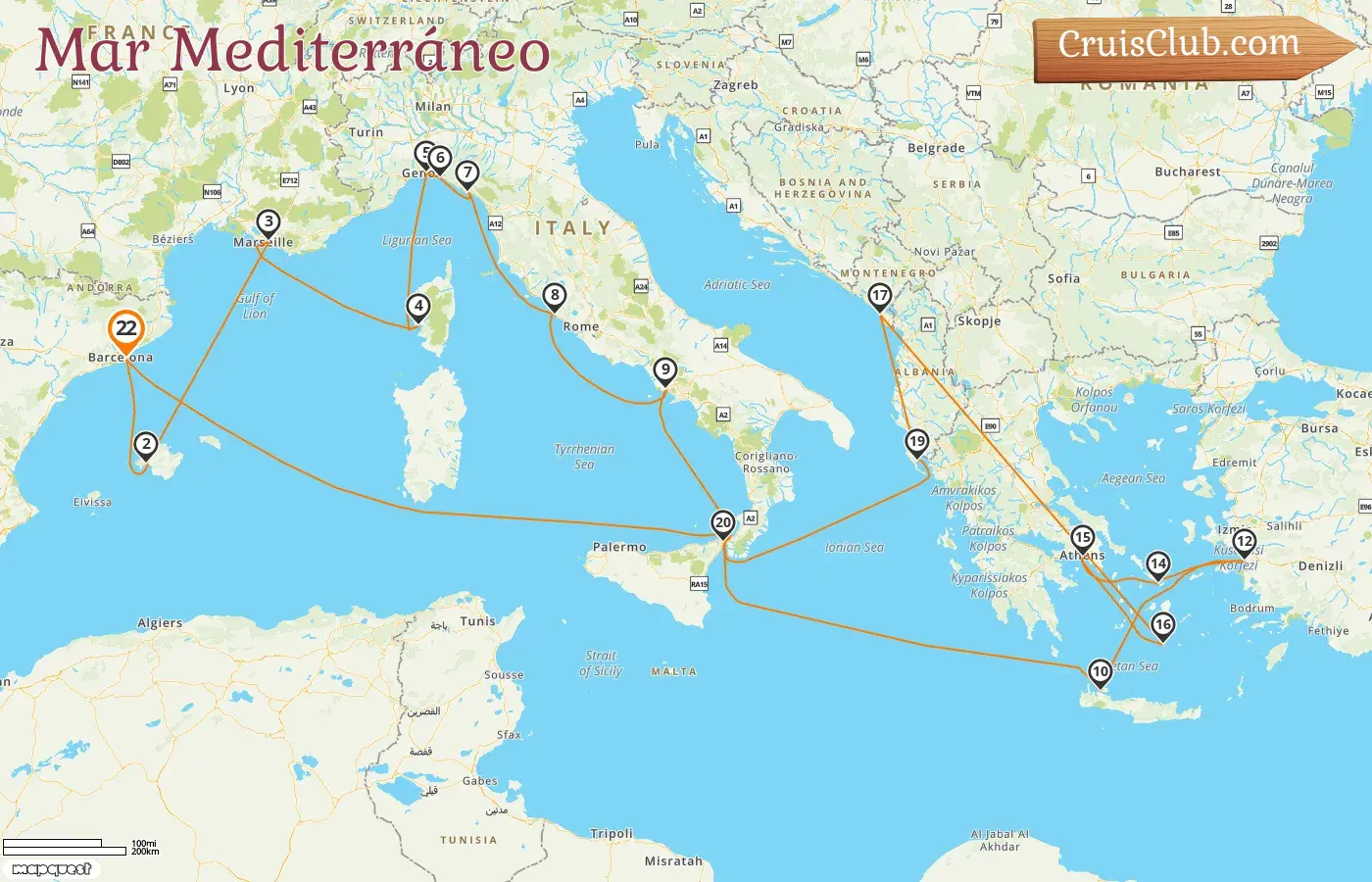 Crucero en el Mediterráneo desde Barcelona a bordo del barco Sun Princess con visitas a España, Francia, Italia, Grecia, Turquía y Montenegro durante 22 días