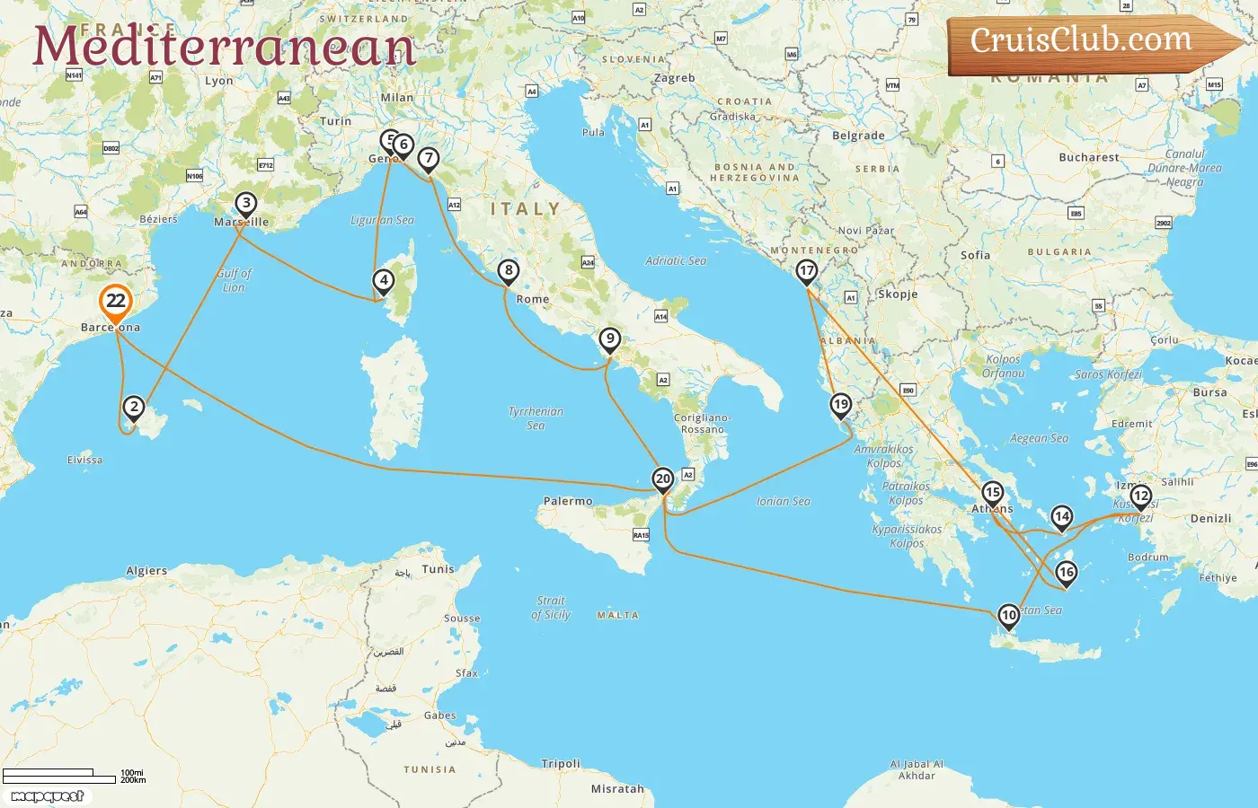 Cruise in the Mediterranean from Barcelona aboard Sun Princess ship with visits to Spain, France, Italy, Greece, Turkey, and Montenegro for 22 days