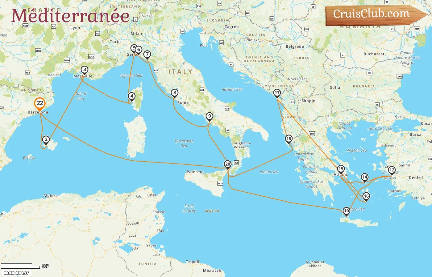 Croisière en Méditerranée depuis Barcelone à bord du navire Sun Princess avec des visites en Espagne, en France, en Italie, en Grèce, en Turquie et au Monténégro pendant 22 jours