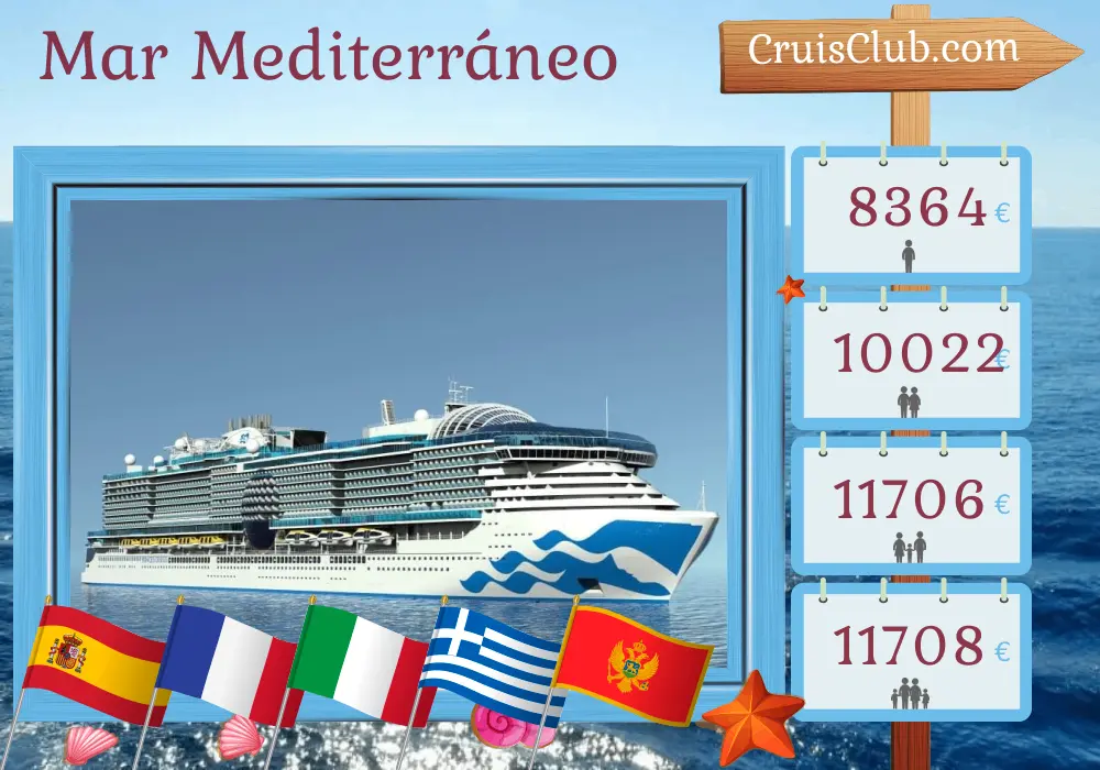 Crucero en el Mediterráneo desde Barcelona a bordo del barco Sun Princess con visitas a España, Francia, Italia, Grecia, Turquía y Montenegro durante 22 días