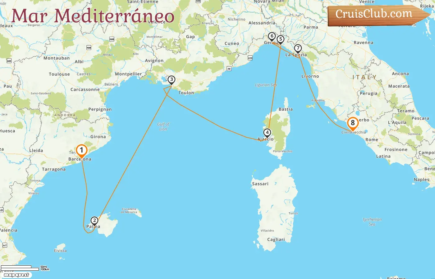Crucero por el Mediterráneo de Barcelona a Civitavecchia a bordo del barco Sun Princess con visitas a España, Francia e Italia durante 8 días