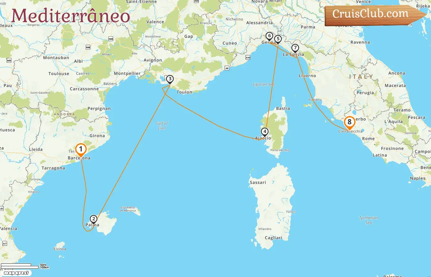 Cruzeiro no Mediterrâneo de Barcelona para Civitavecchia a bordo do navio Sun Princess com visitas à Espanha, França e Itália por 8 dias