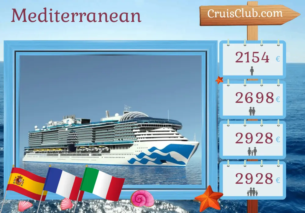 Cruise in the Mediterranean from Barcelona to Civitavecchia aboard Sun Princess ship with visits to Spain, France, and Italy for 8 days