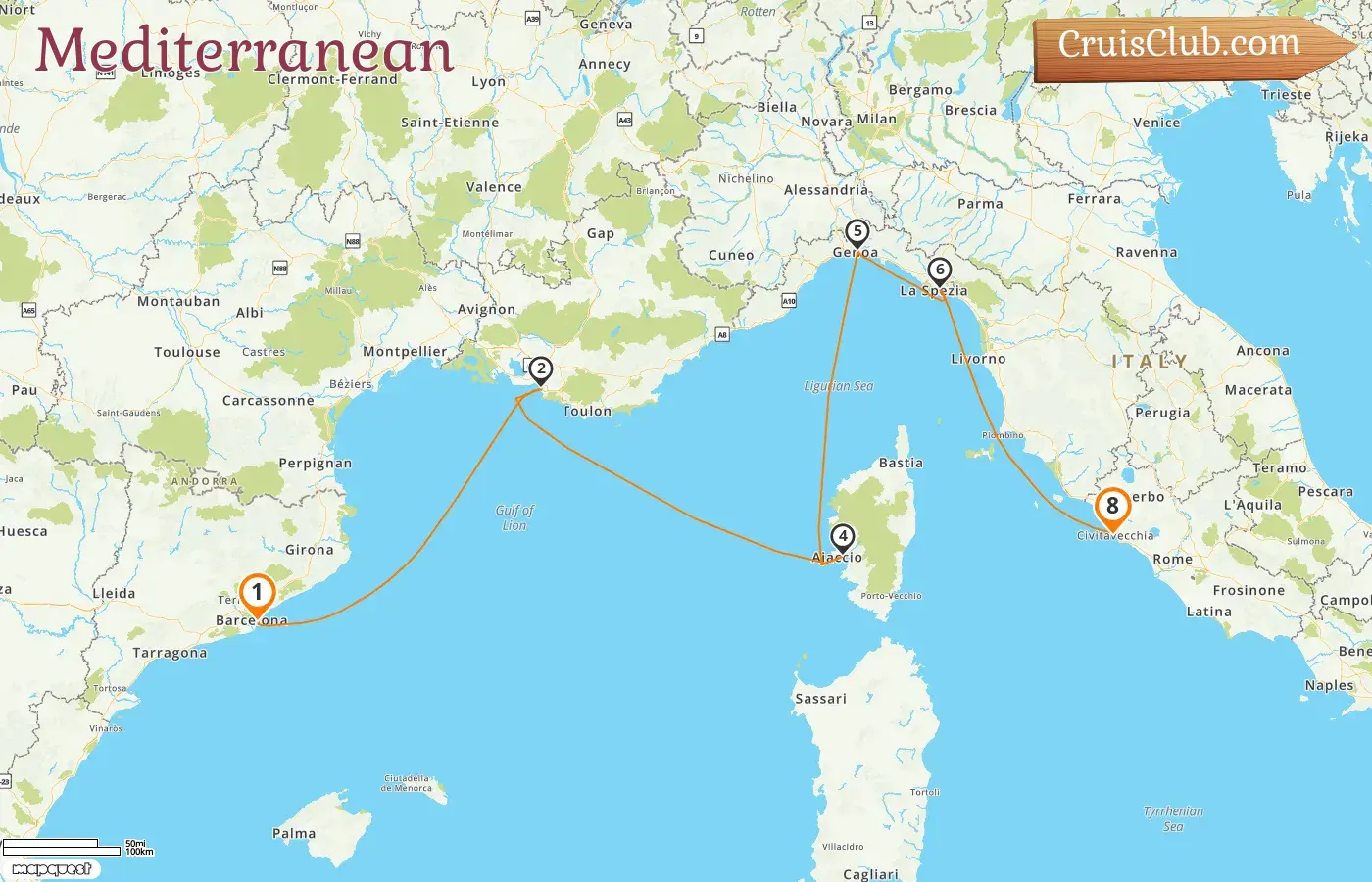 Cruise in the Mediterranean from Barcelona to Civitavecchia aboard Sun Princess ship with visits to Spain, France, and Italy for 8 days