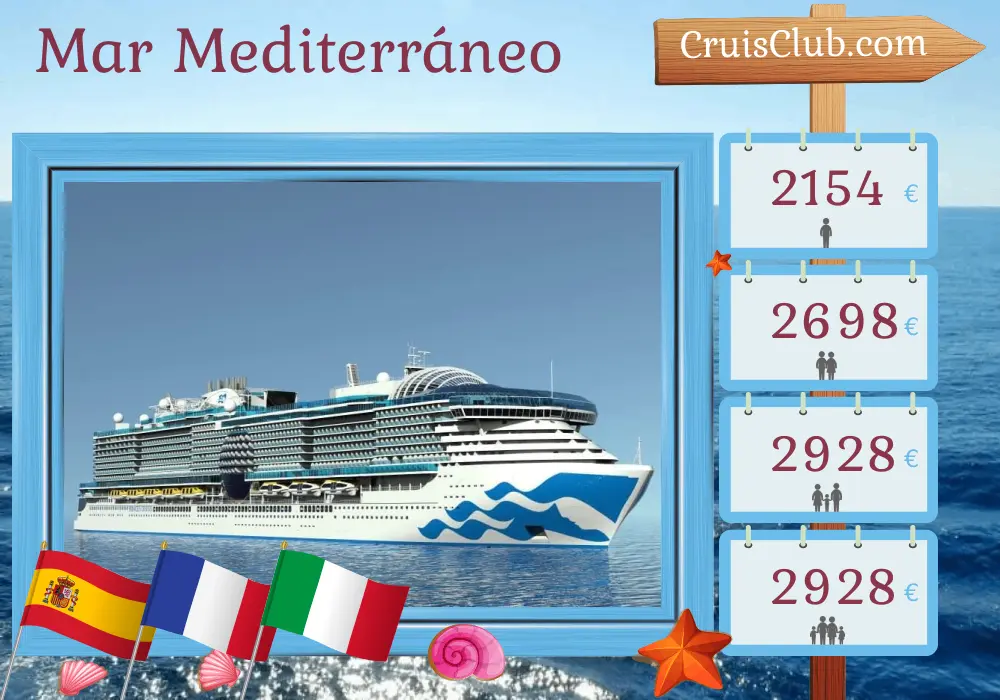 Crucero por el Mediterráneo de Barcelona a Civitavecchia a bordo del barco Sun Princess con visitas a España, Francia e Italia durante 8 días