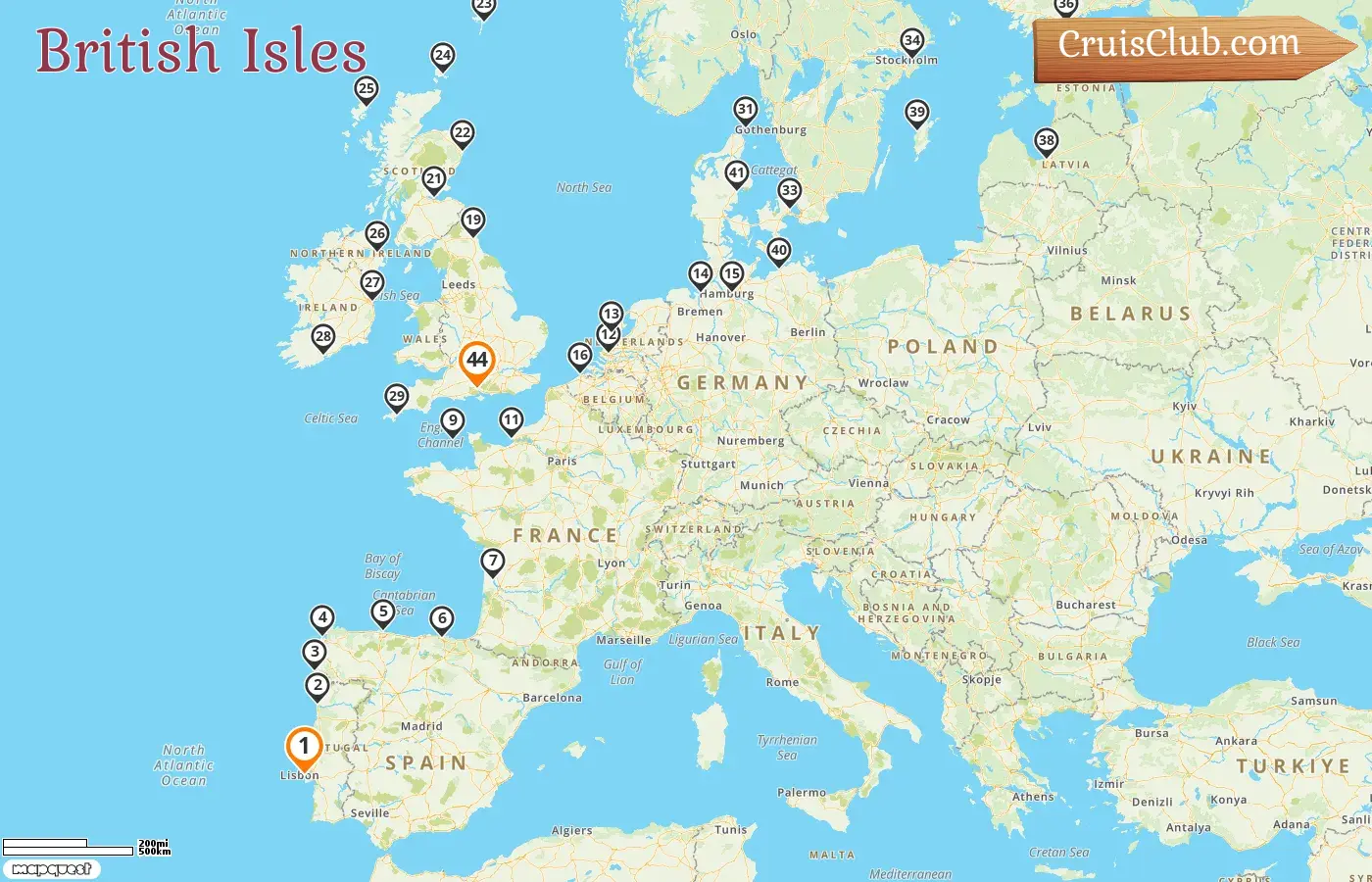 Kreuzfahrt in den Britischen Inseln von Lissabon nach Southampton an Bord des Schiffes Oceania Marina mit Stopps in Portugal, Spanien, Frankreich, Guernsey, Niederlande, Deutschland, Belgien, Irland, Dänemark, Schweden, Finnland, Estland und Lettland für 44 Tage