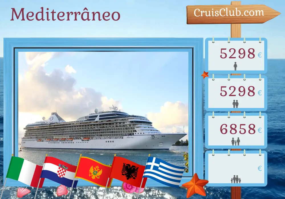Cruzeiro no Mediterrâneo de Trieste a Pireu a bordo do navio Oceania Marina com visitas à Itália, Croácia, Montenegro, Albânia, Grécia e Turquia por 11 dias