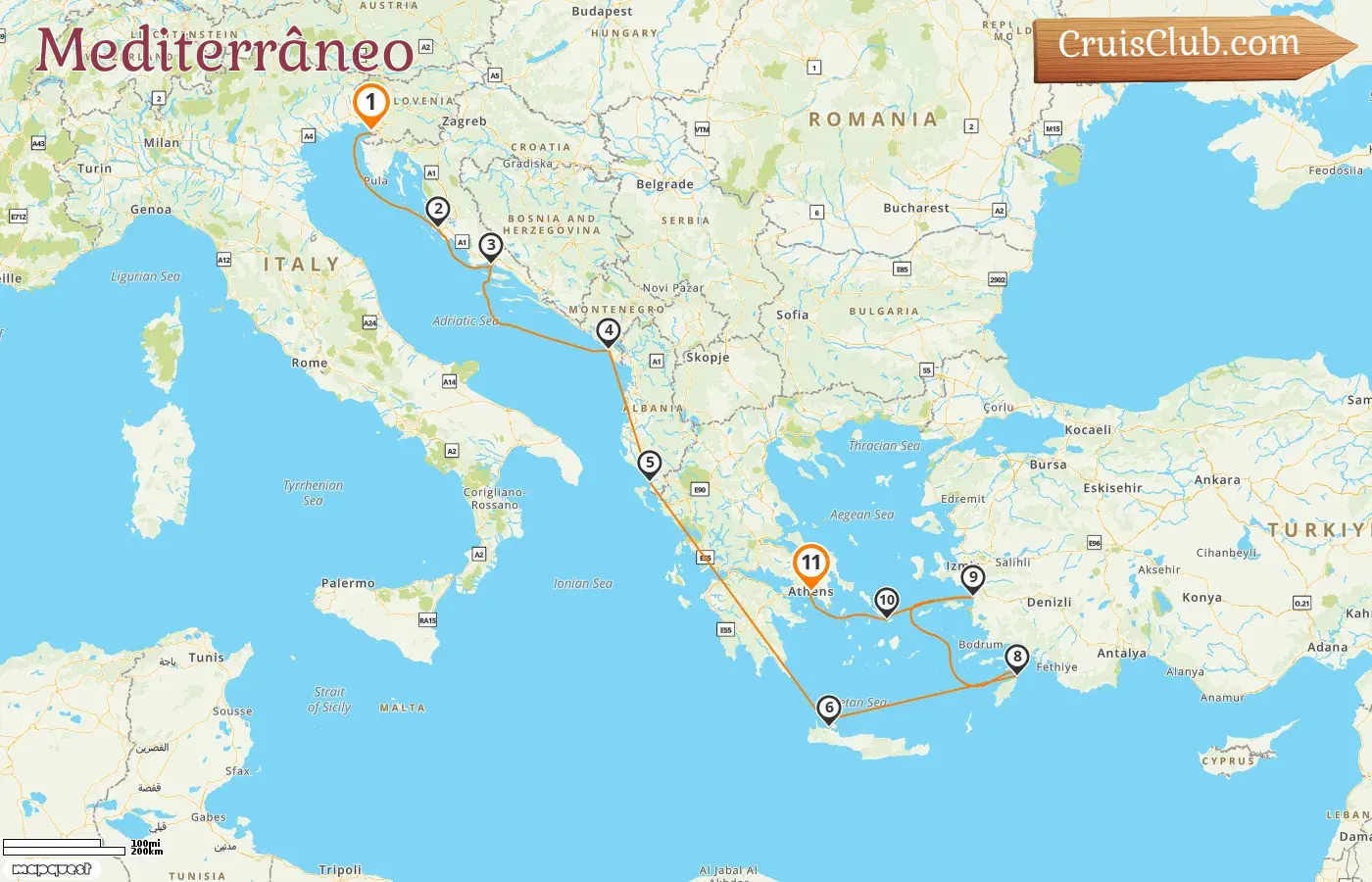 Cruzeiro no Mediterrâneo de Trieste a Pireu a bordo do navio Oceania Marina com visitas à Itália, Croácia, Montenegro, Albânia, Grécia e Turquia por 11 dias