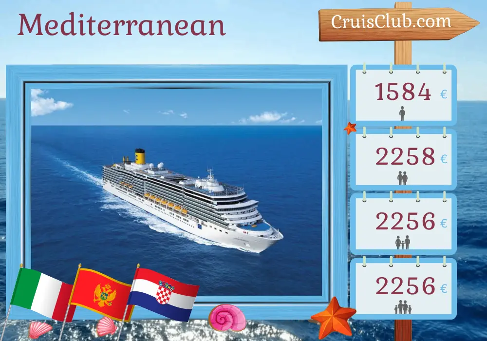 Cruise in the Mediterranean from Marghera aboard Costa Deliziosa ship with visits to Italy, Montenegro, and Croatia for 8 days