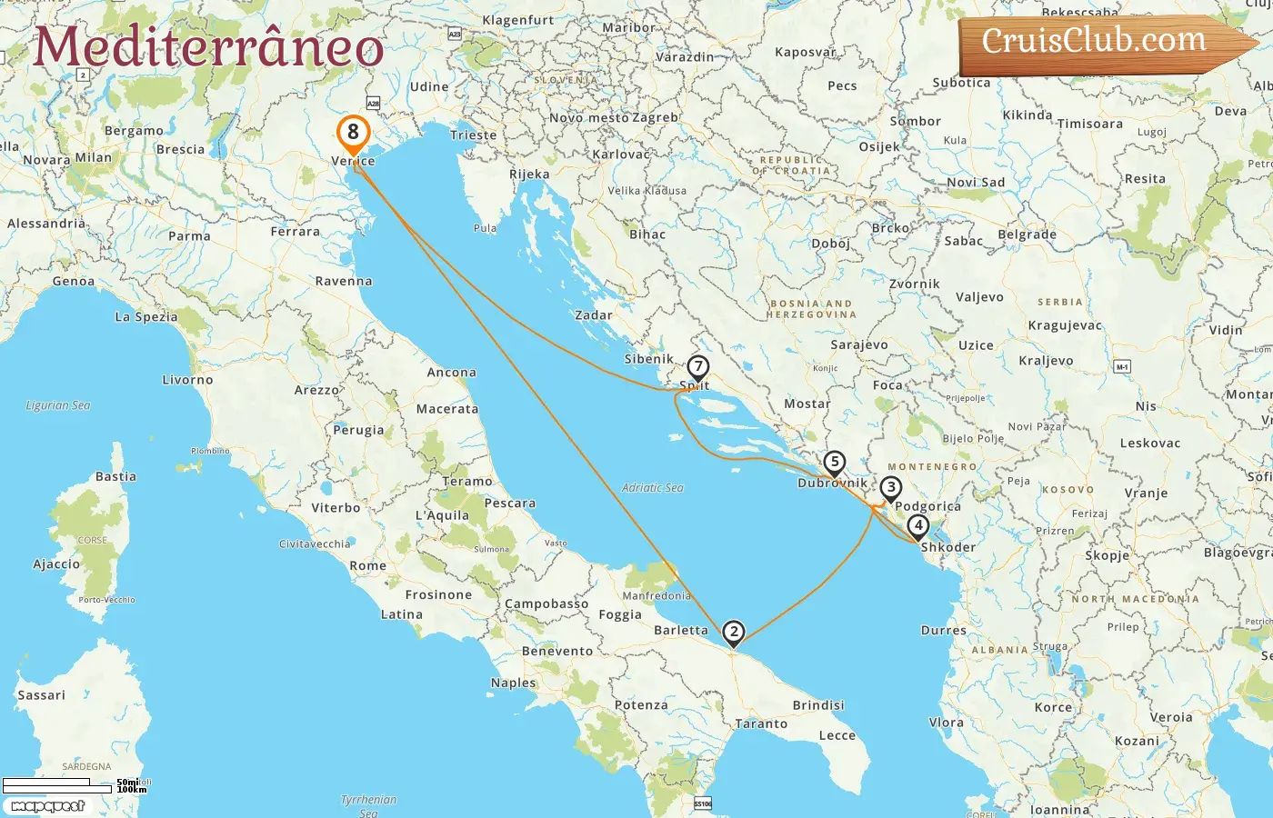 Cruzeiro no Mediterrâneo a partir de Marghera a bordo do navio Costa Deliziosa com visitas à Itália, Montenegro e Croácia por 8 dias