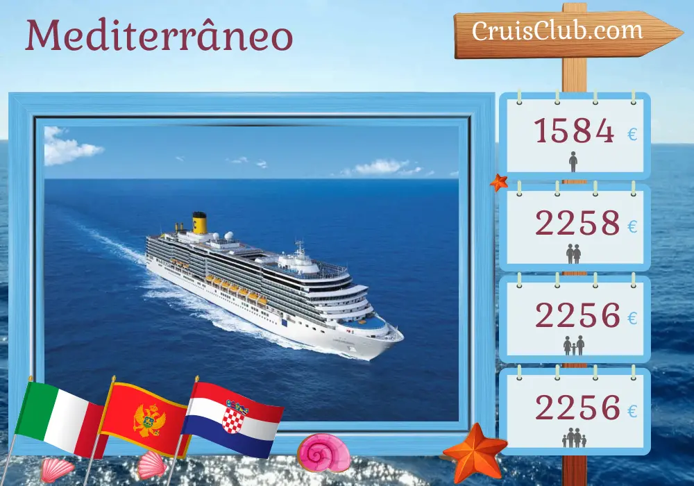 Cruzeiro no Mediterrâneo a partir de Marghera a bordo do navio Costa Deliziosa com visitas à Itália, Montenegro e Croácia por 8 dias