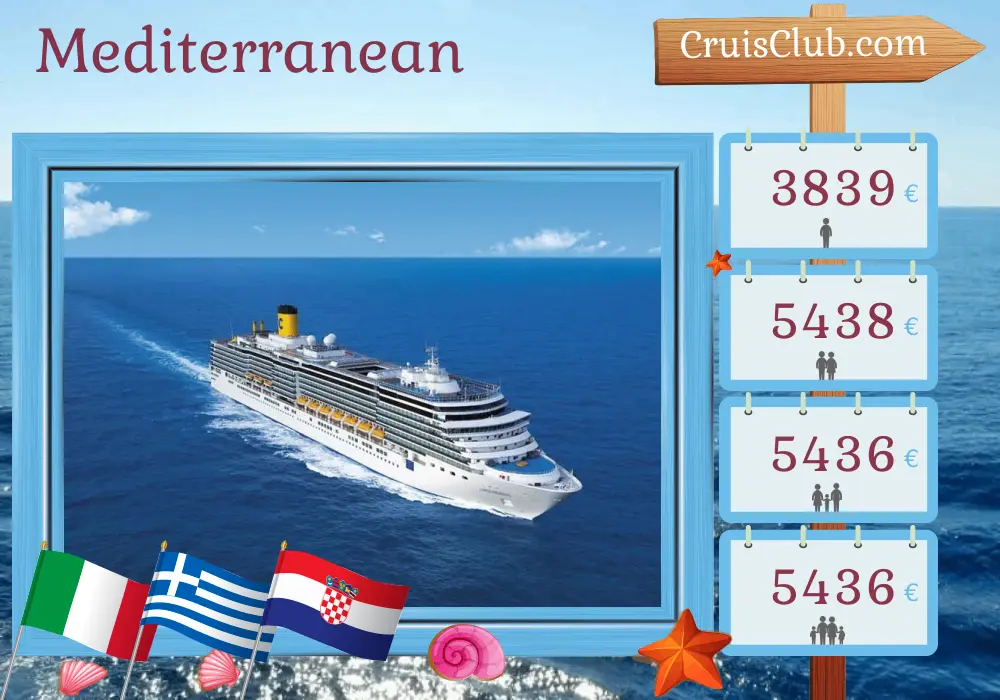 Cruise in the Mediterranean from Marghera aboard Costa Deliziosa ship with visits to Italy, Greece, and Croatia for 15 days