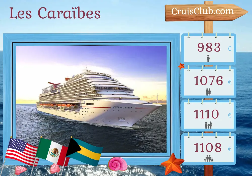 Croisière dans les Caraïbes depuis Port Canaveral / Orlando à bord du navire Carnival Vista avec escales aux États-Unis, au Honduras, au Mexique et aux Bahamas pendant 8 jours