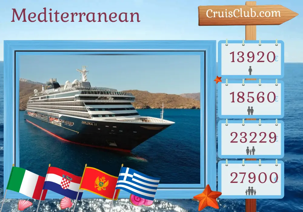 Cruise in the Mediterranean from Fusina to Piraeus aboard EXPLORA II ship with visits to Italy, Croatia, Montenegro, Greece, and Turkey for 15 days