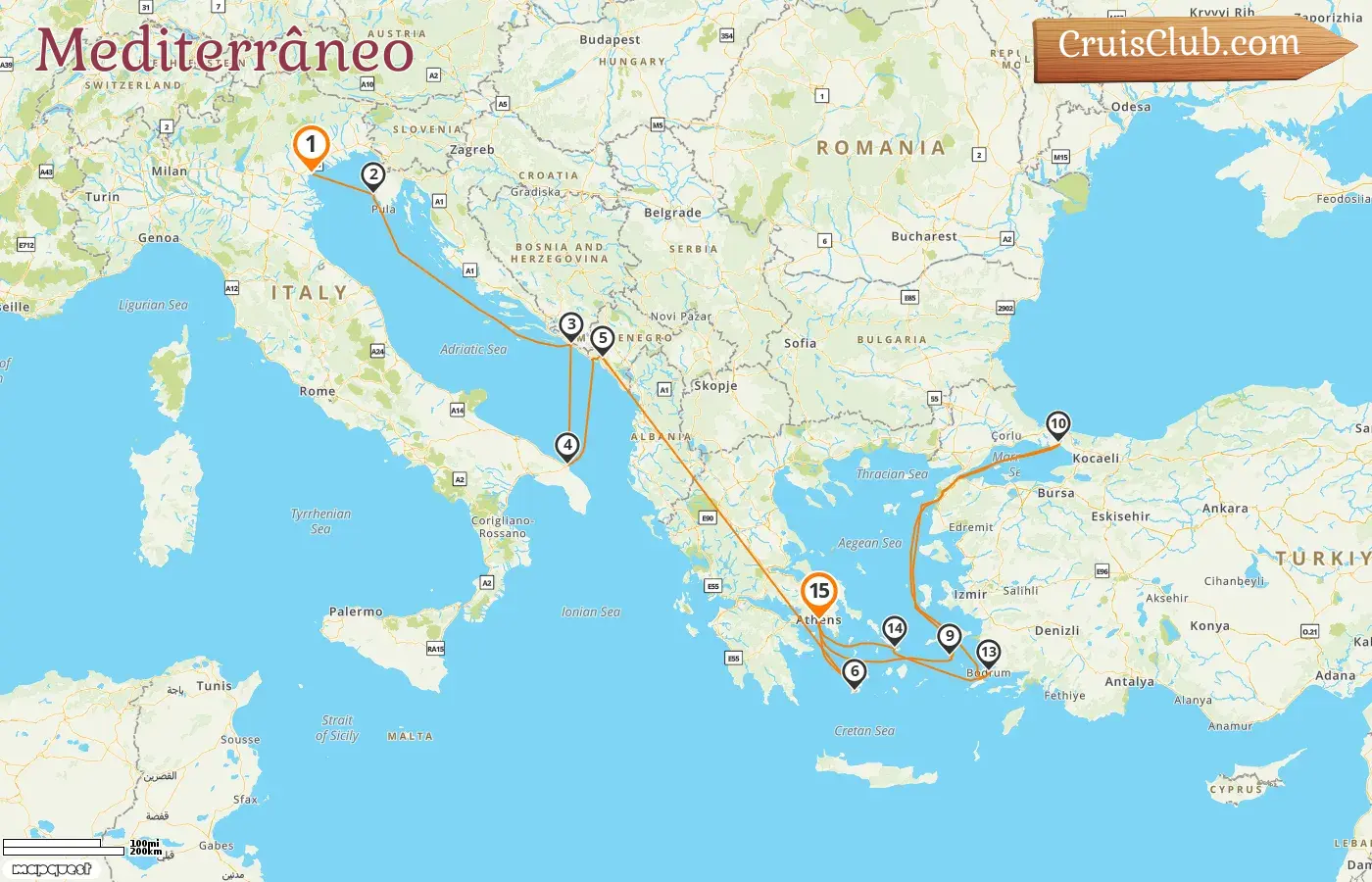 Cruzeiro no Mediterrâneo de Fusina para Pireu a bordo do navio EXPLORA II com visita à Itália, Croácia, Montenegro, Grécia e Turquia por 15 dias