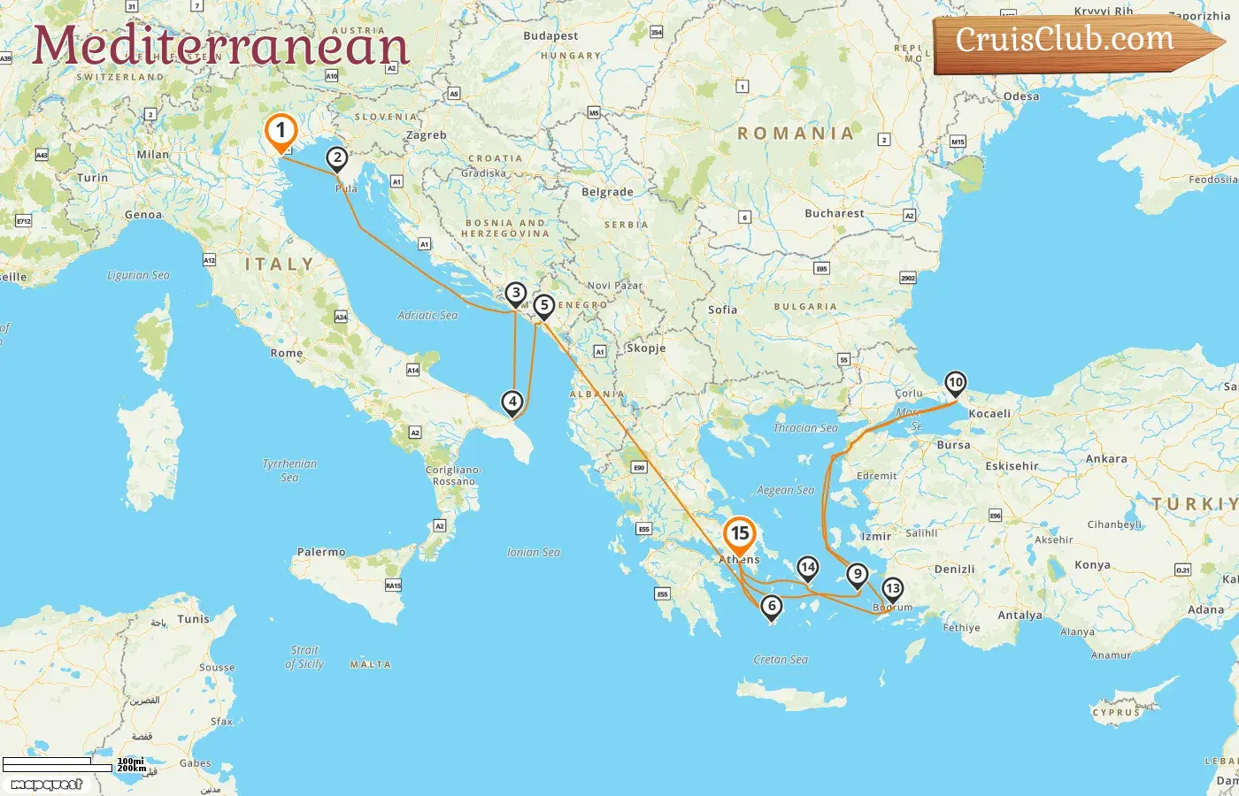 Cruise in the Mediterranean from Fusina to Piraeus aboard EXPLORA II ship with visits to Italy, Croatia, Montenegro, Greece, and Turkey for 15 days