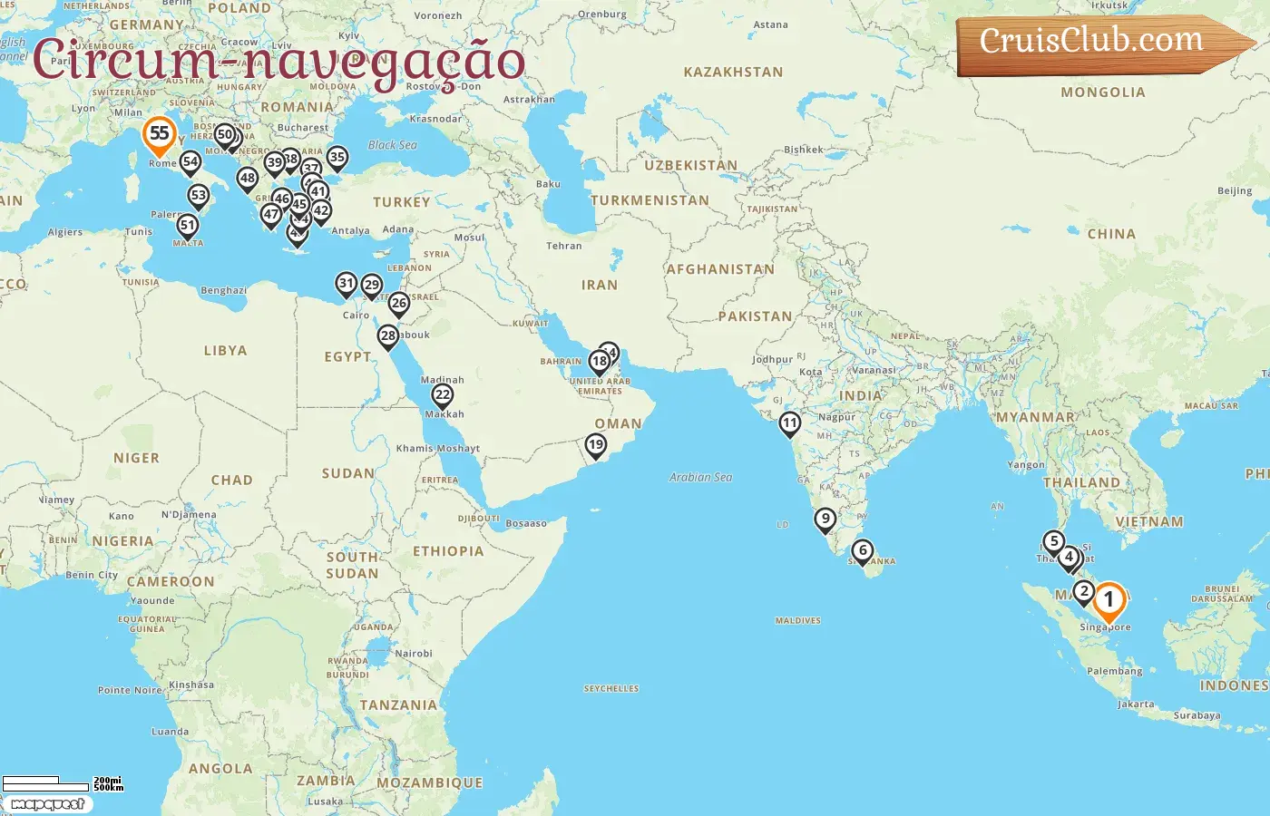 Cruzeiro de volta ao mundo de Singapura a Civitavecchia a bordo do navio Oceania Vista com visitas a Singapura, Malásia, Tailândia, Sri Lanka, Índia, Emirados Árabes Unidos, Omã, Arábia Saudita, Jordânia, Egito, Turquia, Grécia, Montenegro, Croácia, Malta e Itália por 55 dias