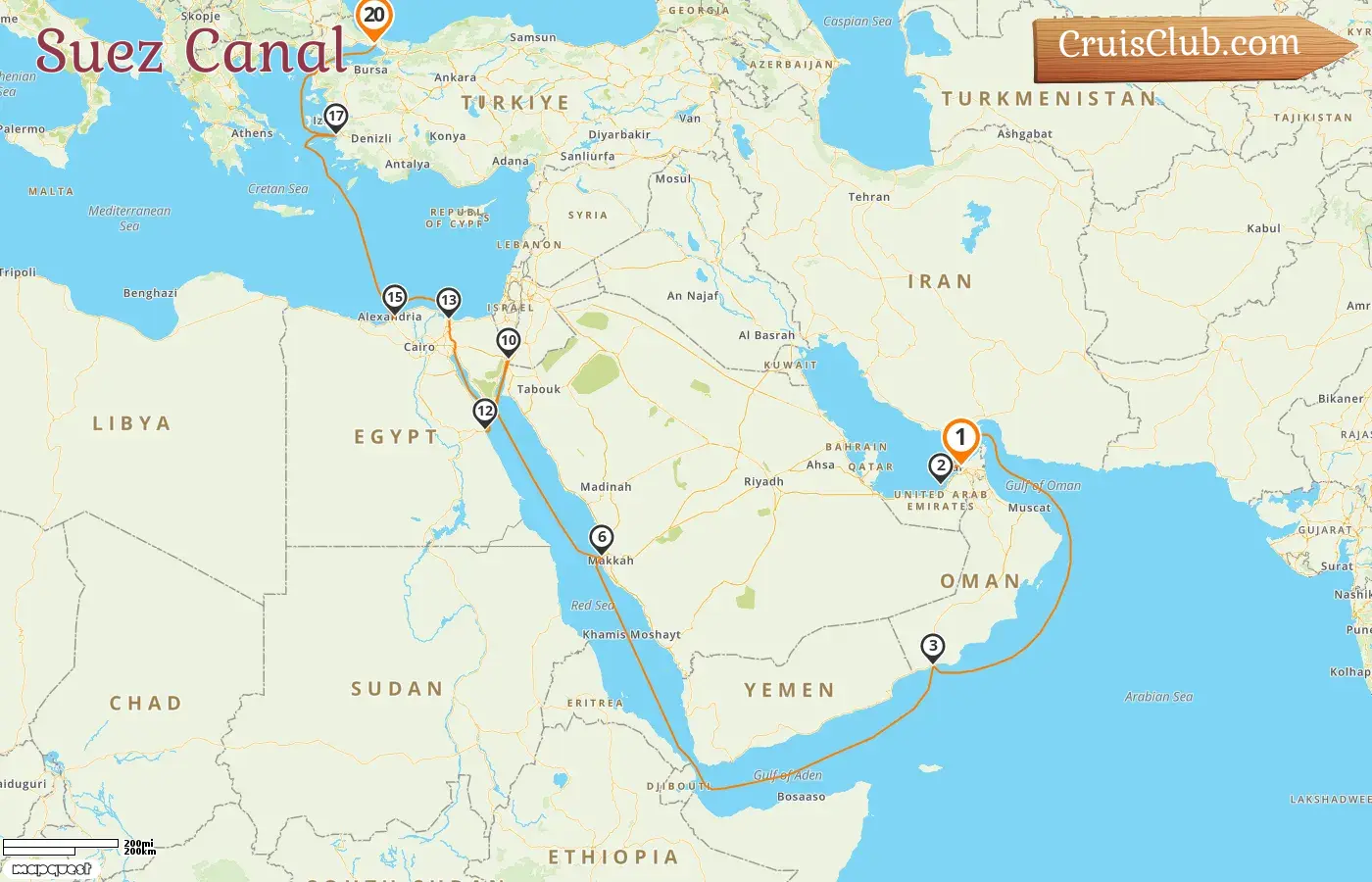 Cruise in the Suez Canal from Dubai to Istanbul aboard Oceania Vista ship with visits to United Arab Emirates, Oman, Saudi Arabia, Jordan, Egypt, and Turkey for 20 days