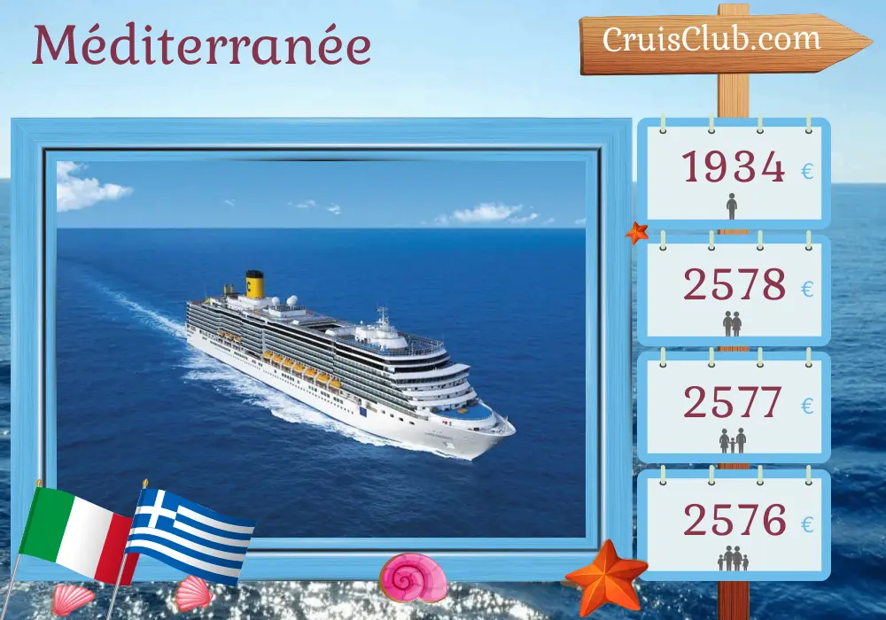 Croisière en Méditerranée au départ de Bari à bord du navire Costa Deliziosa avec des visites en Italie et en Grèce pendant 8 jours