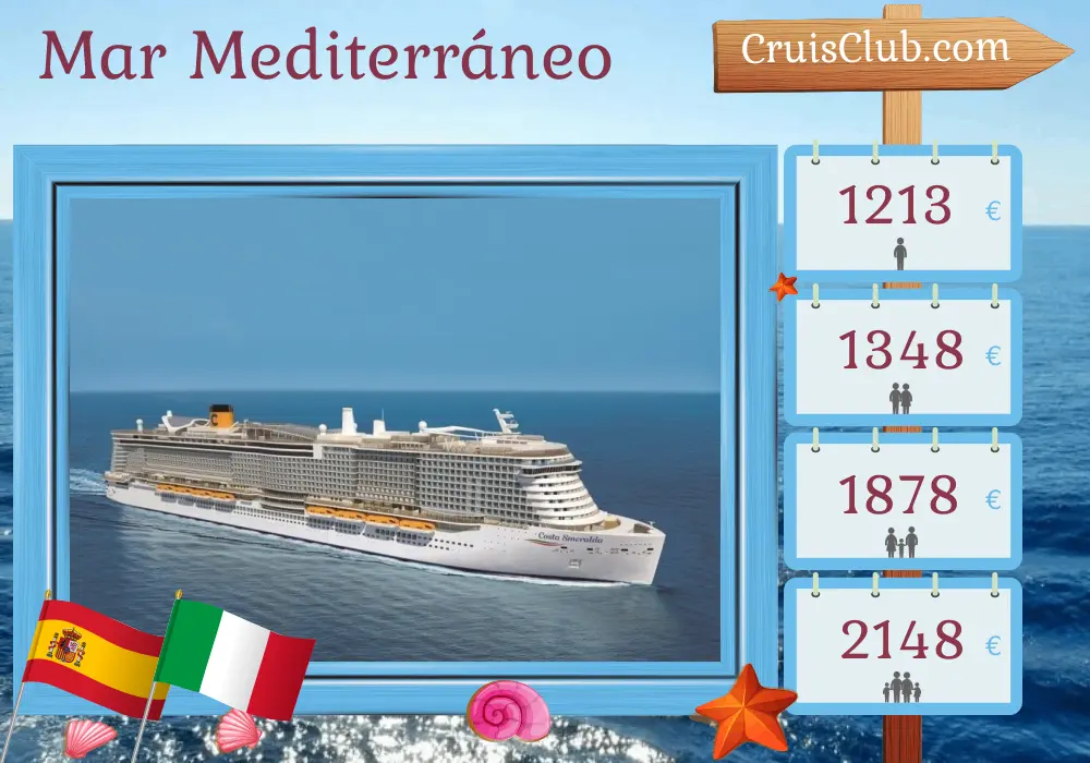 Crucero en el Mediterráneo de Barcelona a Civitavecchia a bordo del barco Costa Smeralda con visitas a España e Italia durante 5 días