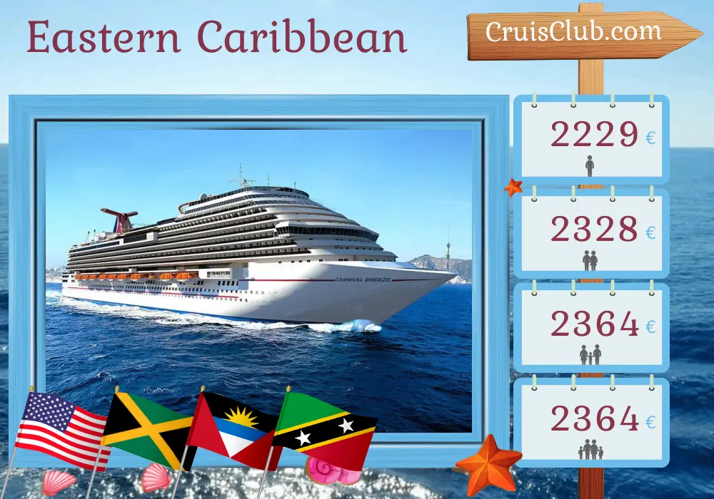 Kreuzfahrt in der östlichen Karibik ab Galveston an Bord des Carnival Breeze-Schiffs mit Besuchen in den USA, Jamaika, St. Kitts und Nevis, Puerto Rico und der Dominikanischen Republik für 15 Tage