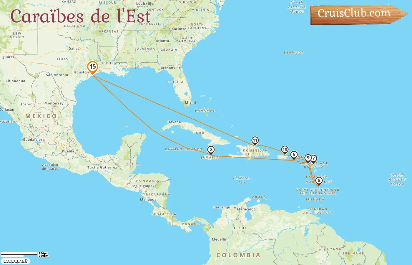 Croisière dans les Caraïbes orientales depuis Galveston à bord du navire Carnival Breeze avec escales aux États-Unis, en Jamaïque, à Saint-Kitts-et-Nevis, à Porto Rico et en République dominicaine pour 15 jours