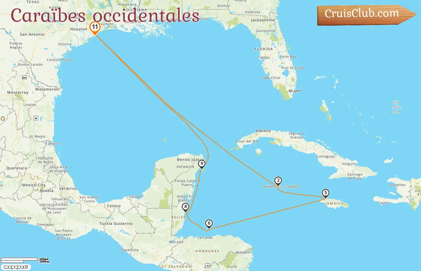 Croisière dans les Caraïbes occidentales au départ de Galveston à bord du navire Carnival Spirit avec escales aux États-Unis, aux îles Caïmans, en Jamaïque, au Honduras, au Belize et au Mexique pendant 11 jours