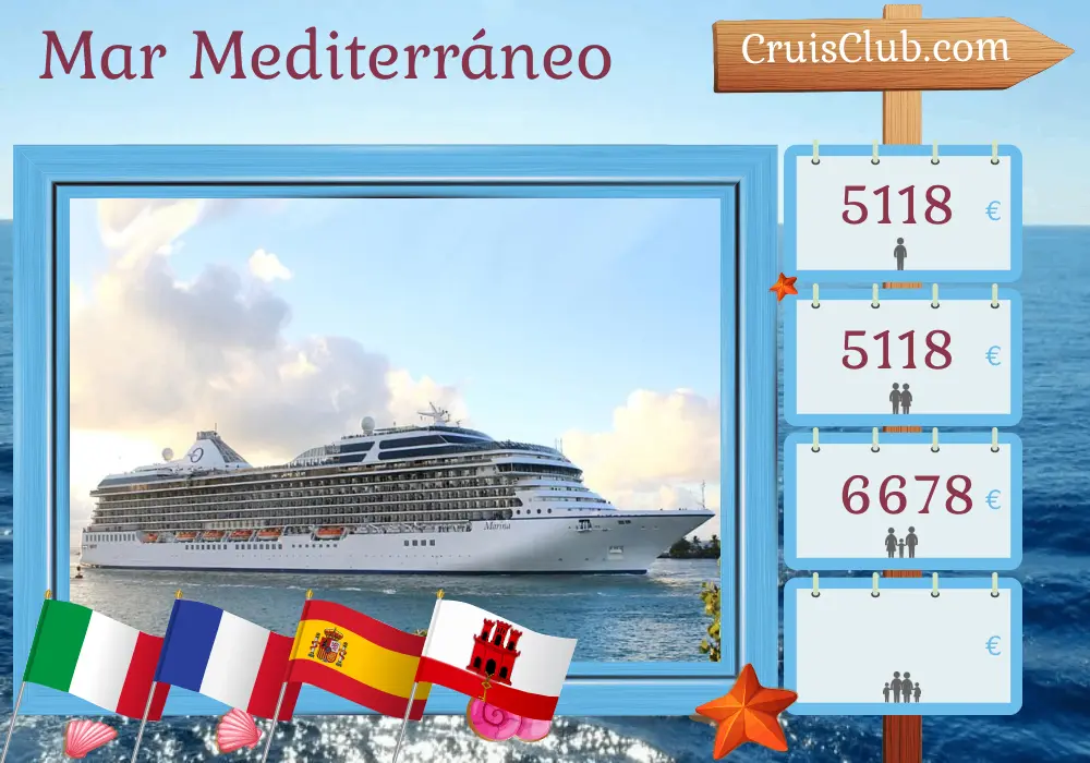 Crucero en el Mediterráneo desde Civitavecchia a Lisboa a bordo del barco Oceania Marina con visitas a Italia, Francia, España y Gibraltar durante 11 días