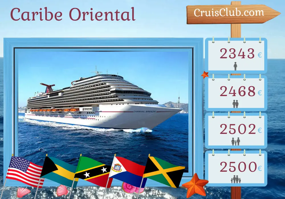 Cruzeiro no Caribe Oriental saindo de Galveston a bordo do navio Carnival Breeze com visitas aos EUA, Bahamas, Porto Rico, São Cristóvão e Nevis e Jamaica por 15 dias